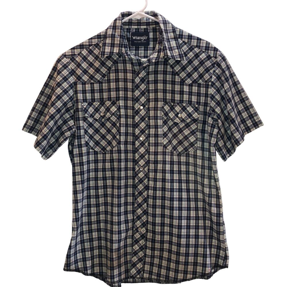 Wrangler Pearl Snap Button Down Blue Plaid Wrancher Short Sleeve Vintage Shirt